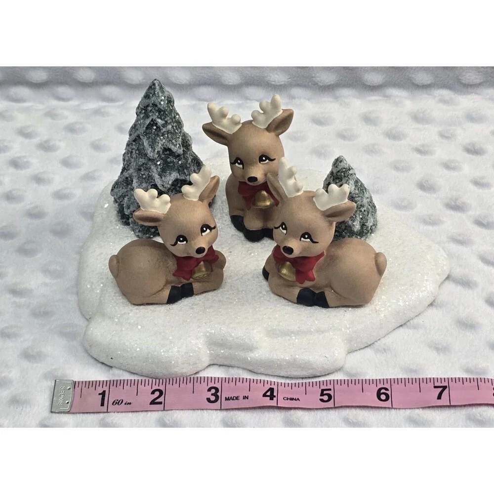 Vintage Christmas Reindeer Ceramic Mold Figurine Hand Painted 1980s Snowy Trees